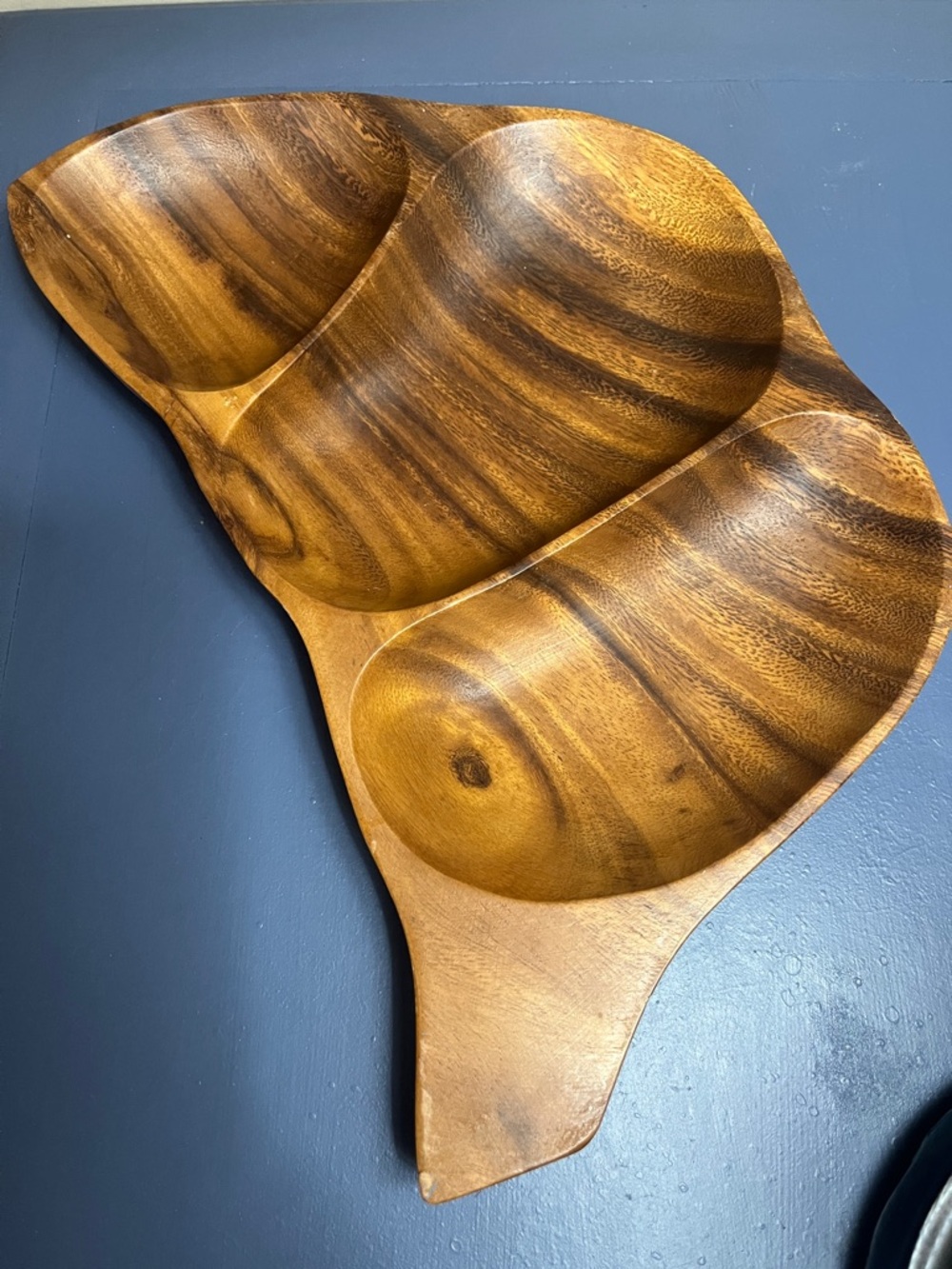 Vintage Hand-Carved Acacia Wood Divided Serving Tray Bowl MCM style Boho